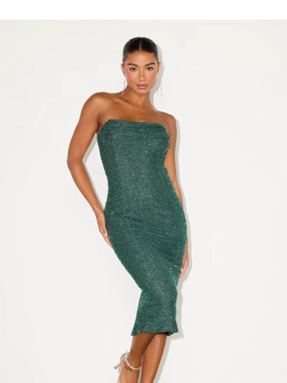 Lulu's Strapless Sequin Midi Dress in Emerald